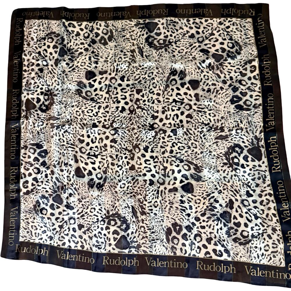 Vintage Rudolph Valentino Silk Leopard Print Scarf 1980s Black Gold Border 35x35 - Picture 8 of 9